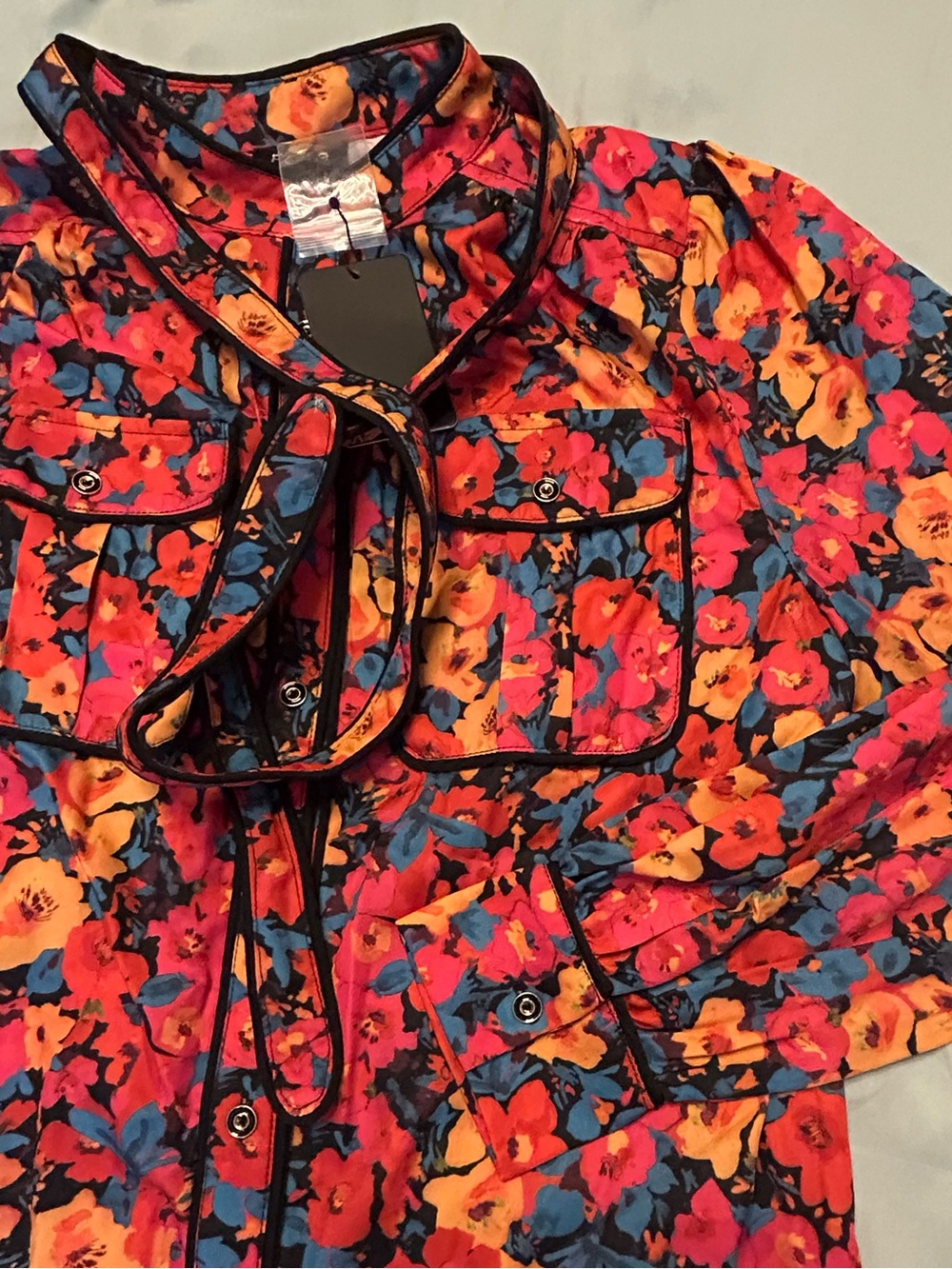Fate Floral Tie-Neck Blouse in Pink, Orange & Blue